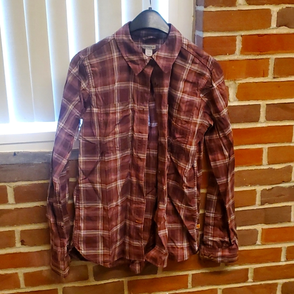 Carharrt plaid long sleeved button down shirt.